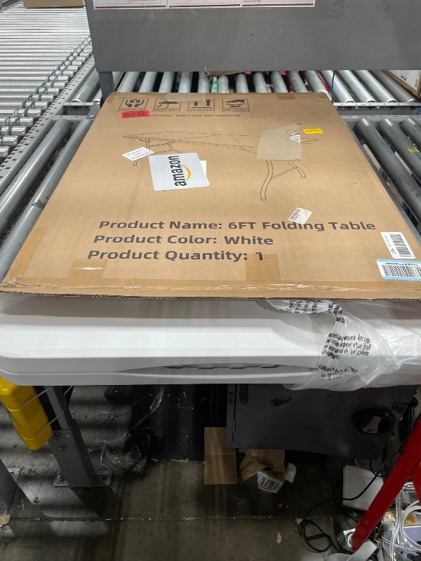 Photo 1 of 1 Set 6 FT Rectangle Folding Table with Carrying Handle, Lightweight Fold-in-Half Utility Table, with Matching White Stretch Spandex Covers, Ideal for Weddings, Parties, Camping, Banquets, Crafts