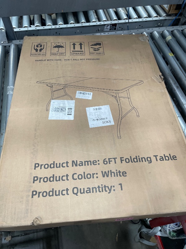 Photo 1 of 1 Set 6 FT Rectangle Folding Table with Carrying Handle, Lightweight Fold-in-Half Utility Table, with Matching White Stretch Spandex Covers, Ideal for Weddings, Parties, Camping, Banquets, Crafts