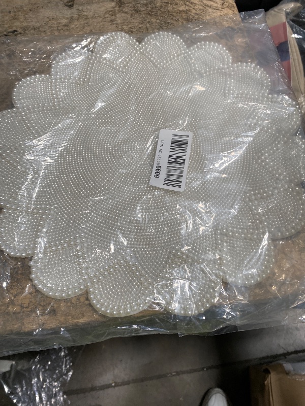 View 2 of **ONLY ONE** Vesici 2 Pcs Pearl Scalloped Edge Placemats 15 Inch Silver Rhinestones Placemats White Scalloped Reusable Table Mats Decorative Elegant Table Mat for Wedding Banquet Party Home Dining Tableware