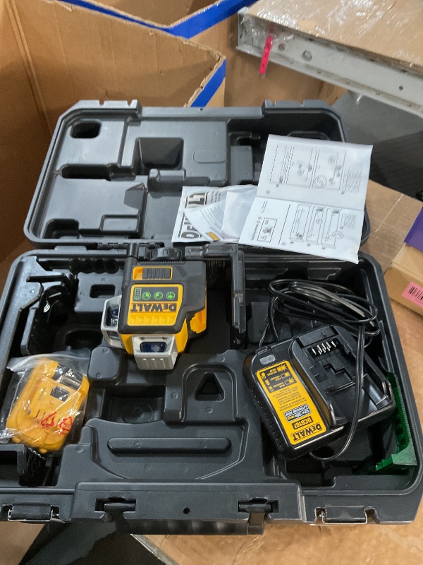 Photo 1 of ***(PARTS ONLY**MISSING PARTS UNABLE TO TEST UNKNOWN IF FUNCTIONAL**
DEWALT Laser Level 360 Self Leveling, 3 Way Green Laser Leveler Tool 12V MAX with 2.0Ah Battery, Charger and Durable Carrying Case, 100 Ft, Tripod Compatible (DW089LG)