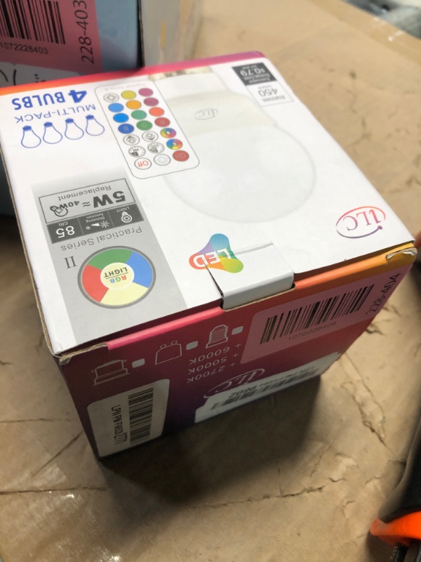 Photo 1 of ***Missing Parts*** ILC RGB LED Light Bulb, Color Changing 40W Equivalent, 5700K Daylight White, 450LM 5W E26 Screw Base RGBW, Mood Light Bulb - 12 Color Choices - Timing Infrared Remote Control Included (4 Pack)