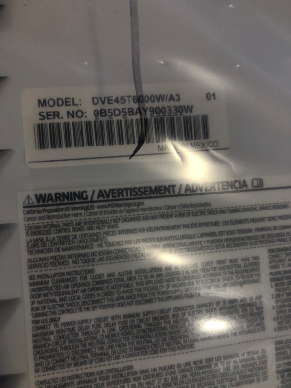 Photo 1 of ****TRUCK/TRAILER PICKUP***Samsung 7.5 cu. ft. Front Load Electric Dryer with Sensor Dry, White, DVE45T6000W/A3
