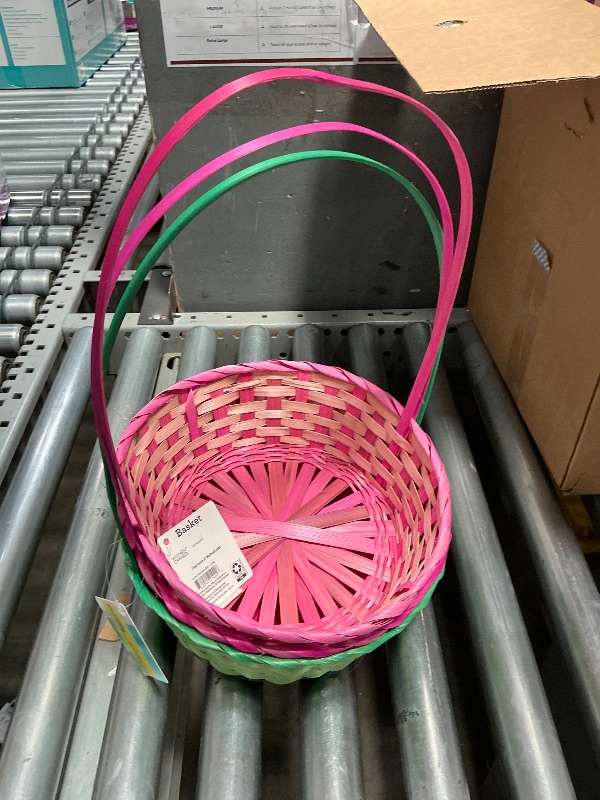 Photo 1 of (3) Round Woven Bamboo Easter Baskets with Hinged Handles