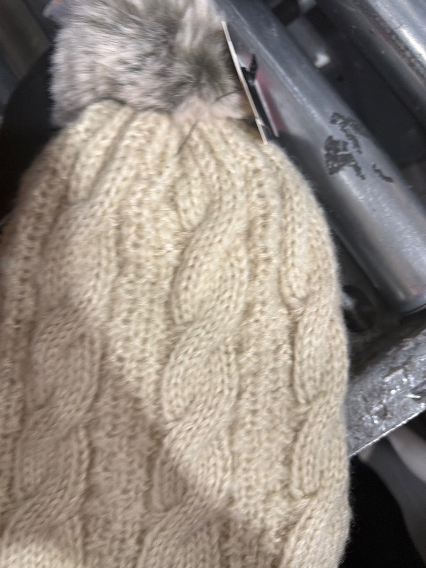 Photo 1 of (needs stitching inside) Aran Knit Fur Bobbled Beanie Hat in Cream