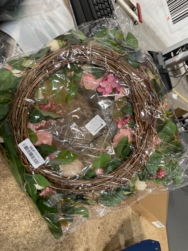 Photo 1 of [Lighted & Timer] 22" Spring Summer Wreaths for Front Door Peony Wreath with Lights Pink Silk Flower Hydrangea Rose Green Leaves Floral Wreath for Home Wall Window Wedding Party Indoor Outdoor Decor