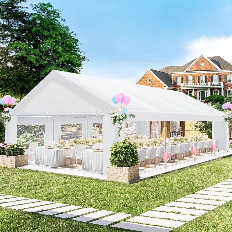 Photo 1 of Party Tent Heavy Duty, Large Outdoor Wedding Tents for Parties with 8 Sidewalls & Built-in Sandbags,Waterproof Event Canopy Gazebo Commercial Tent for Carport,Camping,Patio,Windproof