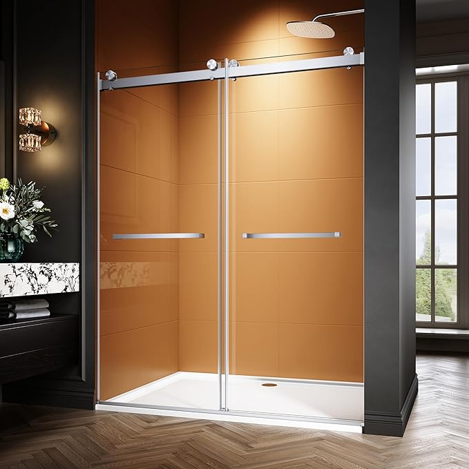 Photo 1 of 56-60" W x 76" H Frameless Sliding Shower Door, Adjustable Width Glass Shower Door, Soft-Close, 5/16" (8mm) Clear Tempered Glass with Explosion-Proof Film (Brushed Nicke, 60" W x 76" H)