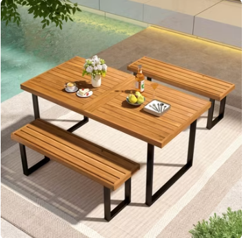 Photo 1 of 3PCS Patio Dining Table Set, 63” Rectangle Table 2 Backless Bench Umbrella Hole