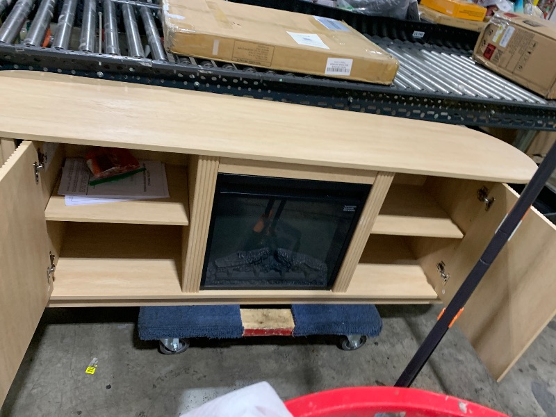 Photo 1 of Walker Edison Chloe Reeded TV Stand with Fireplace Insert, 75 Inch, 70 Inch, Coastal Oak