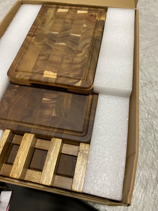 View 3 of End Grain Cutting Board Set of 3 with Non-slip Feet, Reversible Acacia Wood Cutting Boards for Kitchen with Juice Grooves and Handles Non Toxic Chopping Board Butcher Block Serving Tray Kitchen Sets