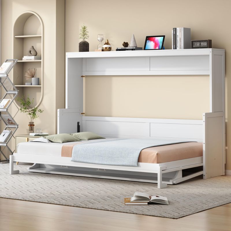 Photo 1 of FULL-----------Ball & Cast Horizontal Murphy Bed FULL Size,Hidden Folding Wall Bed Frame with Hydraulic Lift&Desk,Wood Cabinet Platform Bed can be Folded into Desk,Space Saving for Bedroom,Guest Room,White