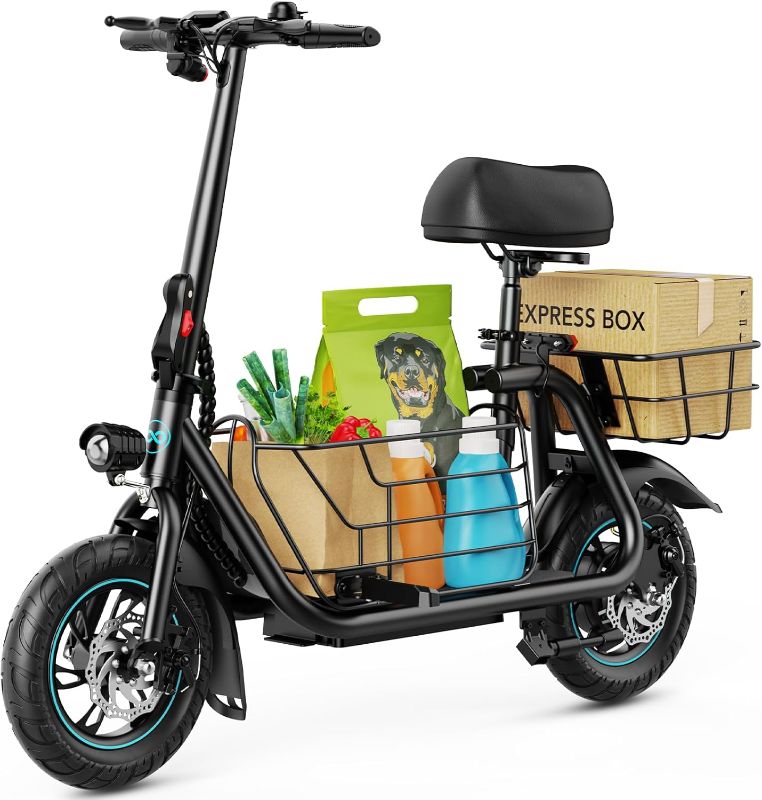 Photo 1 of Gyroor C1S Electric Scooter with Seat for Adults - 550W Motor, Pet Basket, 19 MPH Top Speed, 20 Miles Range, 12" Pneumatic Tires, Foldable Commuting Scooter, soot Black
