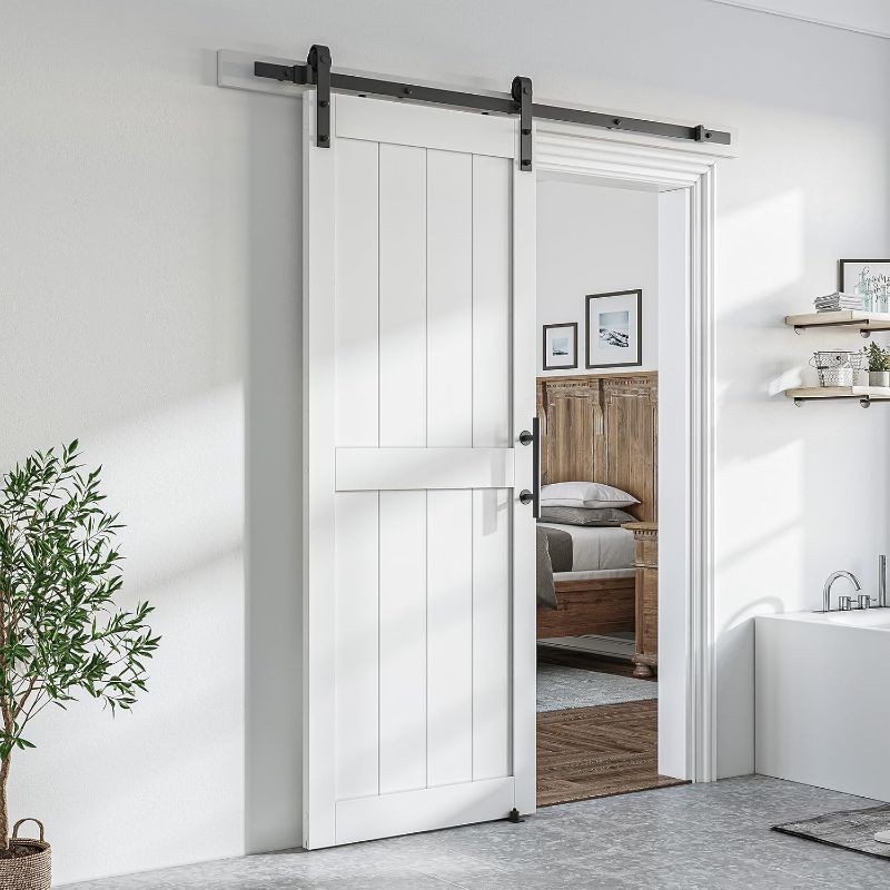 Photo 1 of SmartStandard 32 x 80 inch White Sliding MDF Barn Door with 6FT Black Sliding Door Hardware Kit & Handle, Pre-Drilled Ready to Assemble, Waterproof PVC Coating, H-Frame
