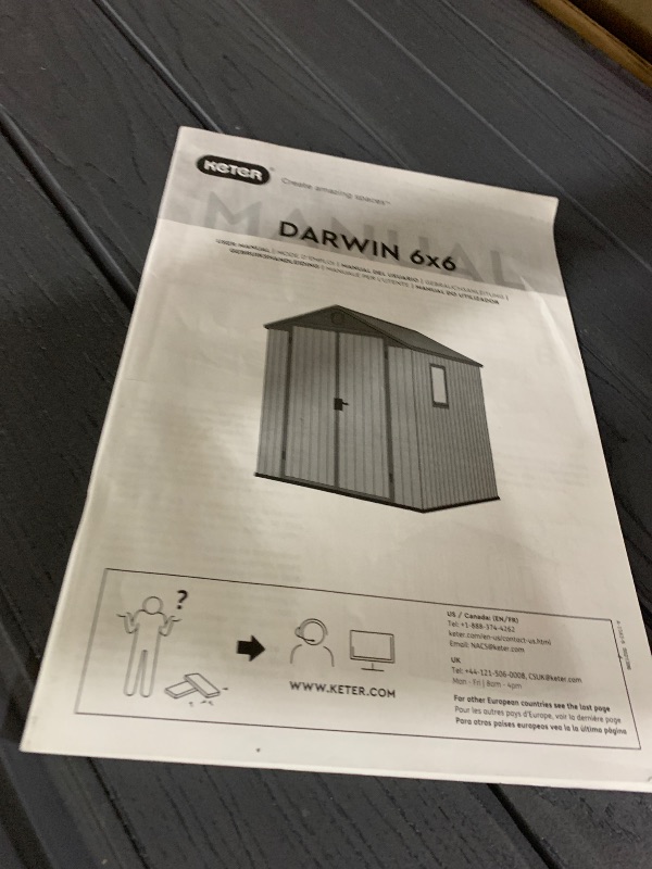 Photo 1 of Keter Darwin 6x6 Ft All-Weather Storage Shed with Skylight, Window, Built-in Ventilation, Customizable Walls, & Lockable Double Doors, Graphite
