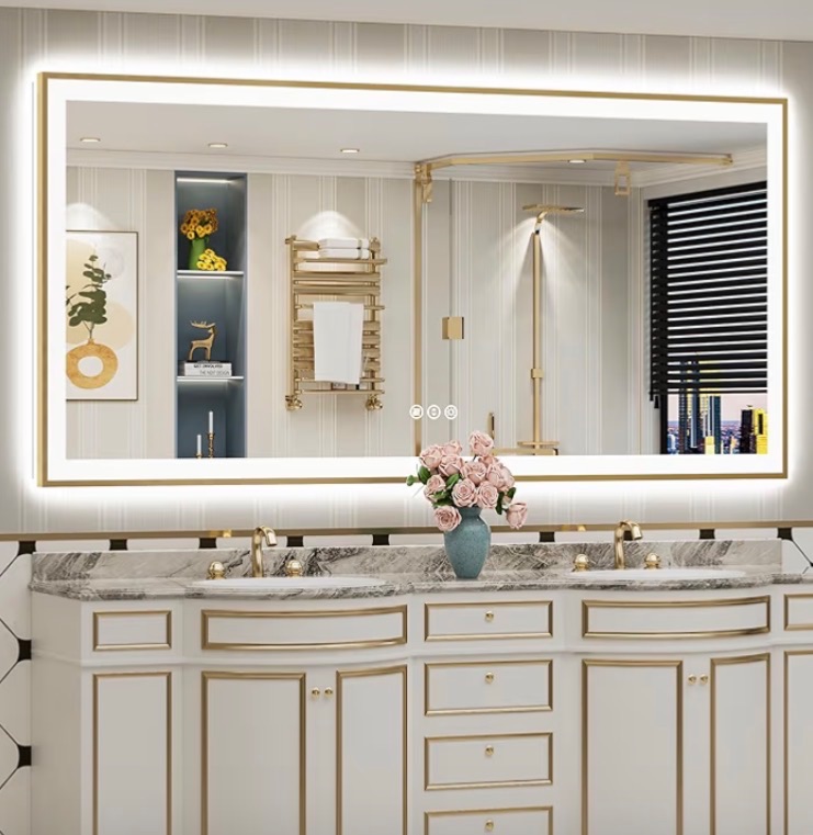 Photo 1 of 84x40 Gold LED Bathroom Mirror with Lights, Brushed Gold Framed Backlit and Front Lit Anti-Fog Lighted Vanity Mirrors for Bathroom Wall, Dimmable, 3 Colors, Memory, HD Tempered Glass, CRI?90