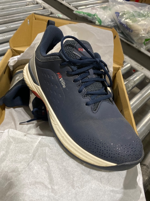 Photo 1 of FitVille Extra Wide Men's Golf Shoes Waterproof, Professional No-Slip Spiked Golf Shoes with Arch Support(Dark Blue/Sliver, 11.5 X-Wide)