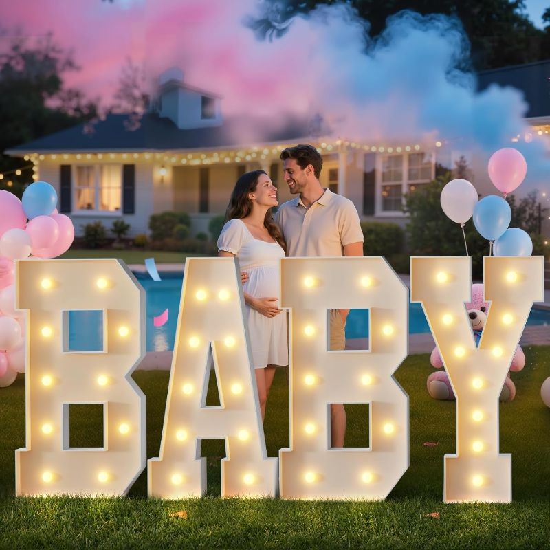 Photo 1 of 4FT Baby Marquee Letters, Large Light Up BABY Sign for Backdrop Baby Shower Decorations, 4 Feet Tall Big Light Up Letters for Girl Boy Gender Reveal Party Decor, Pre-Cut Foam Board Kit