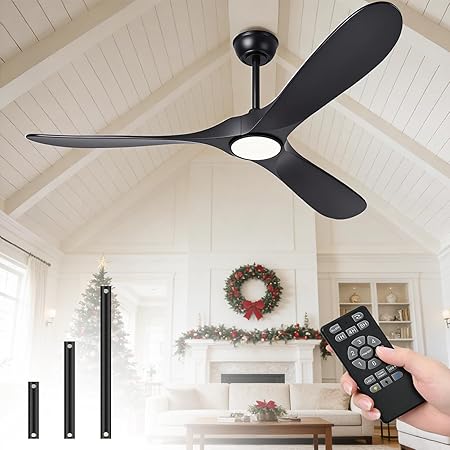 Photo 1 of Ceiling Fans with Lights and Remote 52'' Outdoor Ceiling Fan with 6 Speed Noiseless Reversible DC Motor, Indoor 3 Blade Wood Ceiling Fan for Farmhouse Bedroom Living Room Gazebo Patio Black
