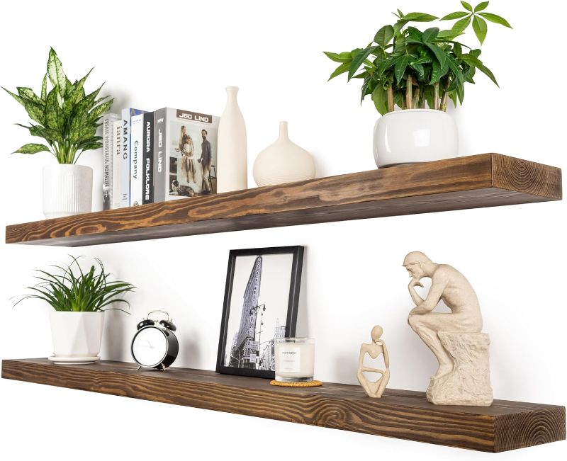 Photo 1 of 60 Inch Floating Shelves,8-Inch Deep High-End Solid Wood Long Floating Shelves for wall Set of 2, Rustic Walnut Wall Shelves for Bedroom Kitchen &Living Room, with Sturdy Hidden Bracket, Walnut