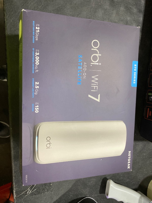 Photo 1 of NETGEAR Orbi 870 Series (RBE870) Tri-Band WiFi 7 Mesh Add-on Satellite – Works with RBE872 and RBE873 – Security Features, Adds Coverage Up to 3,000 Sq. Ft. - BE21000 802.11be (Up to 21 Gbps)
