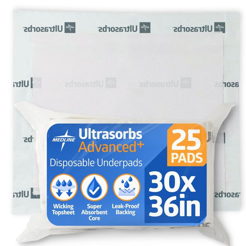 Photo 1 of Medline Ultrasorbs Drypads, 30" x 36", 25 Count, Super Absorbent Disposable Bed Pads, Large Incontinence Bed Pads, Chucks Protective Underpads, 10 Times More Absorbent, For Adults, Elderly