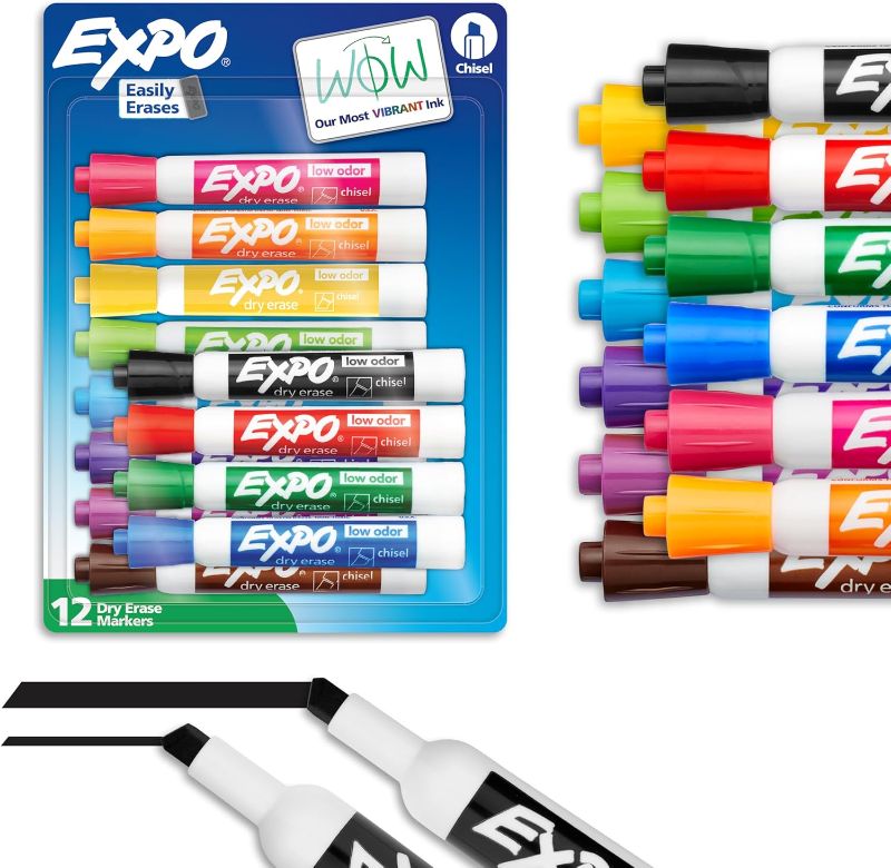 Photo 1 of EXPO Dry Erase Markers, Low Odor Ink, Assorted Colors, Chisel Tip, 12 Count