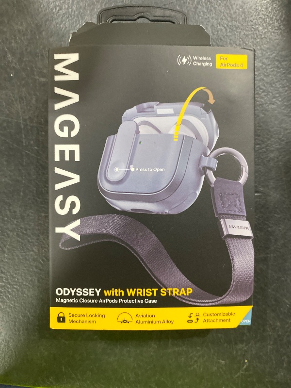 Photo 1 of MAGEASY Odyssey AirPods 4 Case Cover with Secure Lock + Travel Clip + Wristlet, MagSafe Wireless Charging Compatible, Drop Protection Apple AirPod Pro 4 Generation Magnetic Case (Metal Blue Grey)