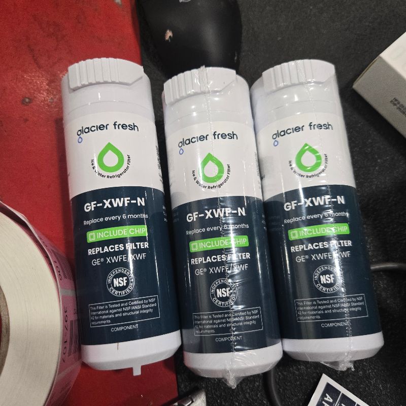 Photo 1 of **one opened** GLACIER FRESH Water Filter Compatible with XWFE (Built-in CHIP), Replacement for GE XWFE, XWF Refrigerator Water Filter NSF/ANSI 42 Certification Pack of 3