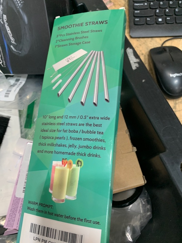 Photo 1 of [Angled Tips] 5 Pcs 10" Reusable Bubble Tea Straws & Smoothie Straws, 0.5" Wide Stainless Steel Straw, Metal Straw for Boba, Tapioca Pearl, Milkshakes, Jumbo Drinks | 2 Cleaning Brushes