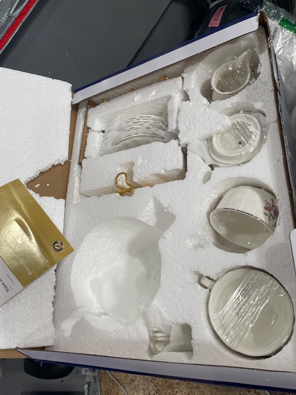 Photo 1 of *MISSING TEAPOT* Sweejar 23 Pcs Floral Tea Sets with Metal Holder, Relief Gold Rim Porcelain Tea Sets for Adults, Cup and Saucer Set for 6, with Teapot, Sugar Bowl, Milk Jug, Spoons (Rose Flower)