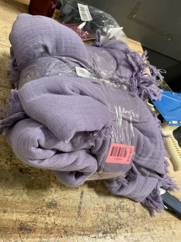 Photo 1 of **A FEW SMALL HOLES**FALUCA Cotton Muslin Throw Blanket 50x60 Inches for Bed, Couch, Knit Woven Gauze Blanket, Soft Lightweight Cozy Breathable Farmhouse Decoration for All-Season, Light Purple