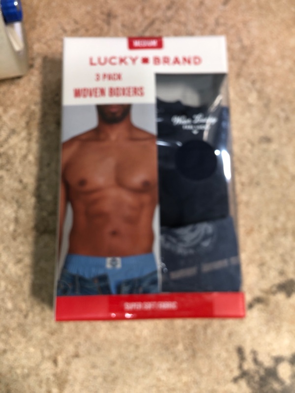 View 2 of *ONLY 2* Lucky Brand Mens Boxer Shorts - 3 Pack Soft Cotton Relaxed Fit 4” Inseam Mens Underwear Boxers with Functional Fly, Size Medium, Plaid/Vintage Indigo Print/Indigo