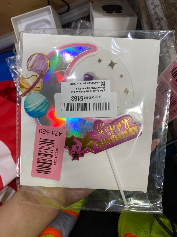 Photo 1 of 1 Pcs Space Happy Birthday Cake Topper Planet Shaped cake decoration for Space Theme cake decoration Birthday Shower Party Supplies-Pink