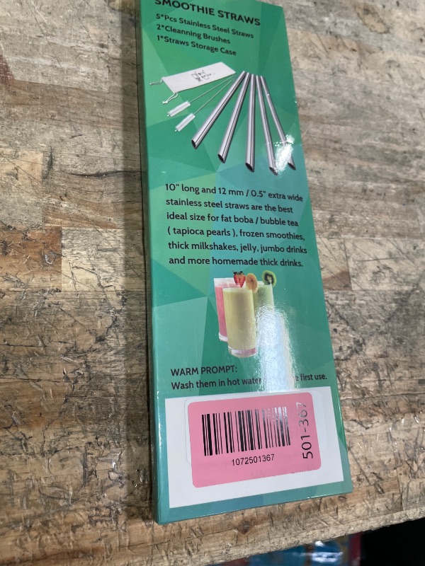 Photo 1 of [Angled Tips] 5 Pcs 10" Reusable Bubble Tea Straws & Smoothie Straws, 0.5" Wide Stainless Steel Straw, Metal Straw for Boba, Tapioca Pearl, Milkshakes, Jumbo Drinks | 2 Cleaning Brushes