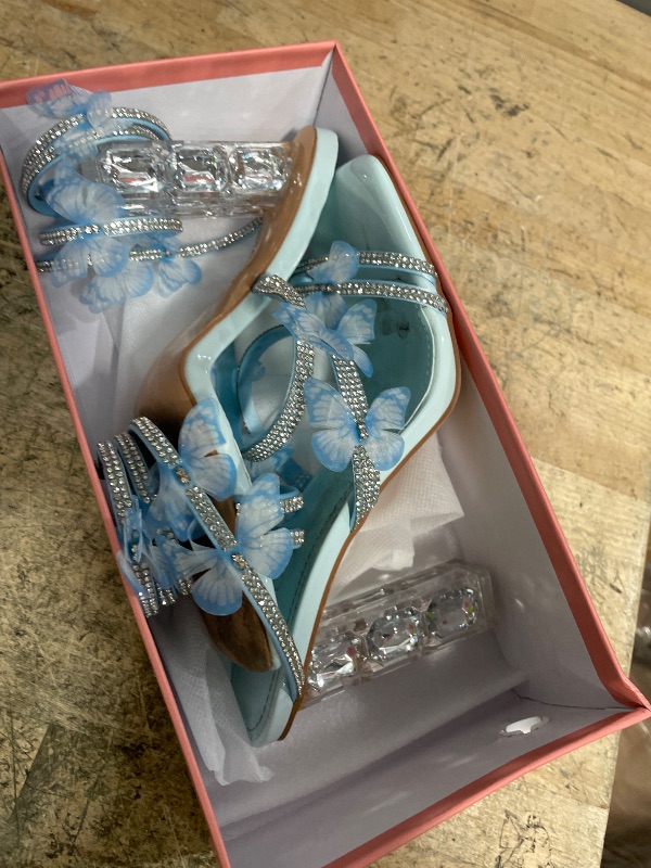 Photo 1 of VOZTOLLS Strappy Heels for Women Rhinestone Crystal High Block Heeled Sandals Square Open Toe Sparkly Dress Prom Heels Shoes for Party Wedding Baby Blue Size 8