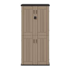 Photo 1 of Wooflex Plastic Storage Shed with 4 Adjustable Shelves, 66x23x31 inch Resin Double Door, Vertical Waterproof Garden Tool Organizer, 220 Gallon, Brown