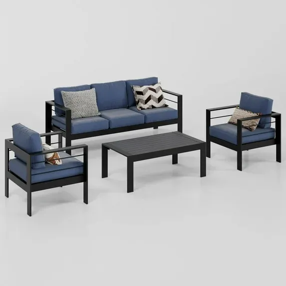 Photo 1 of Superjoe 4 Pcs Aluminum Outdoor Furniture Set 5 Seats Patio Conversation Sofa Set Sectional Counch with Coffee Table Black Frame Blue Cushion