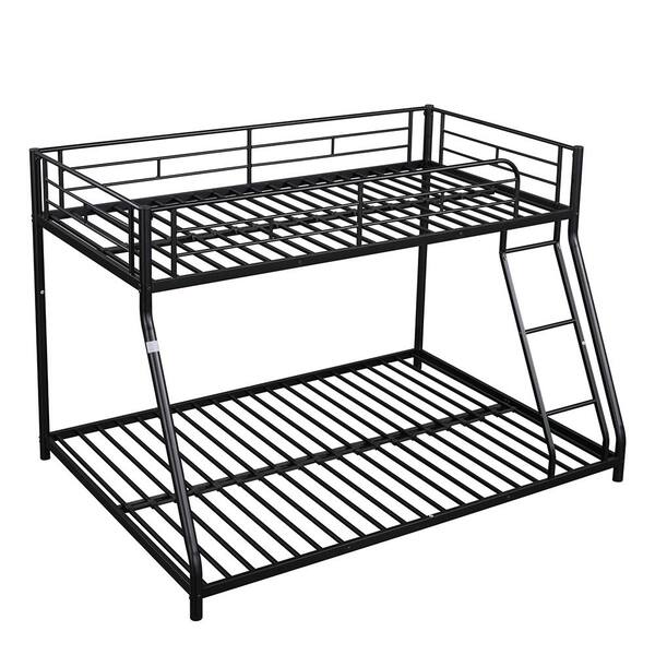 Photo 1 of Black Metal Bed Frame Twin over Full Bunk Bed with Full-Length Guard Rails & Ladders for Kids, Adults, Teenagers