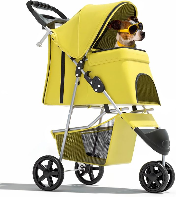Photo 1 of Pet Stroller,Dog Stroller for Small Medium Dogs Cats,3 Wheels,Foldable,with Breathable Mesh Canopy,Cup Holders,Easy Assembly,Yellow