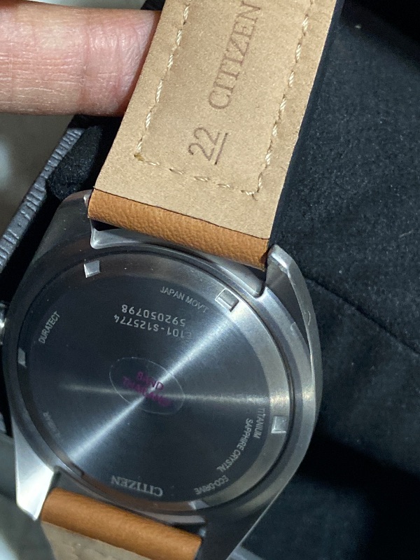 Photo 1 of Citizen Men's Eco-Drive Weekender Garrison Field Watch in Super Titanium with Brown Leather Strap, Green Dial (Model: BM8560-02X)