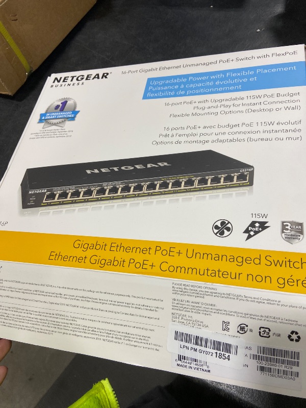 Photo 1 of NETGEAR 16-Port PoE+ Gigabit Ethernet Unmanaged Essentials Switch (GS316P) - with 16 x PoE+ @ 115W, Desktop or Wall Mount