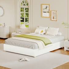 Photo 1 of Queen Size Boucle Bed Frame, Upholstered Platform Cloud Bed with Soft Round Headboard & Sturdy Leg, No Box Spring Needed, White Easy Assembly Bedframe