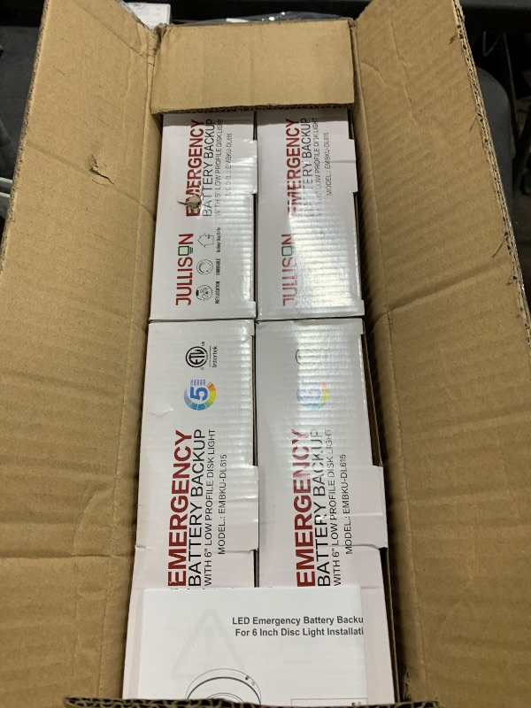 Photo 1 of JULLISON 6 Inch LED Emergency Disk Light Kit with Battery Backup, Ceiling Mount Emergency Lights, Dimmable, 120-277V, 15W, 1000lm, CRI90, 5CCT Selectable, ETL & Wet Rated, White, 4 Packs