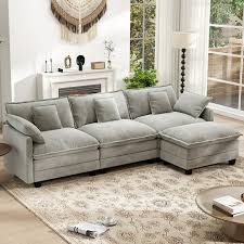 Photo 1 of Modular Sectional Sofa with Movable Ottoman, L-Shape 3-seat Storage Couch for Living Room, Lightgrey