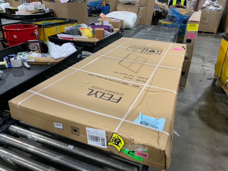 Photo 1 of FELYL 56-60" W x 72" H Framed Black Grid Pattern Single Sliding Shower Door with 1/4" (6mm) Clear SGCC Tempered Glass in Matte Black Finish, Reversible Installation