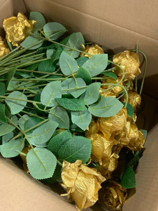 Photo 1 of GOLD Roses Artificial Flowers, Real Touch Velvet Roses Bouquet Fake Flowers Bulk, Artificial Roses with Long Stems for Birthday Gift Women Mom DIY Bridal Wedding Centerpiece Decorations
