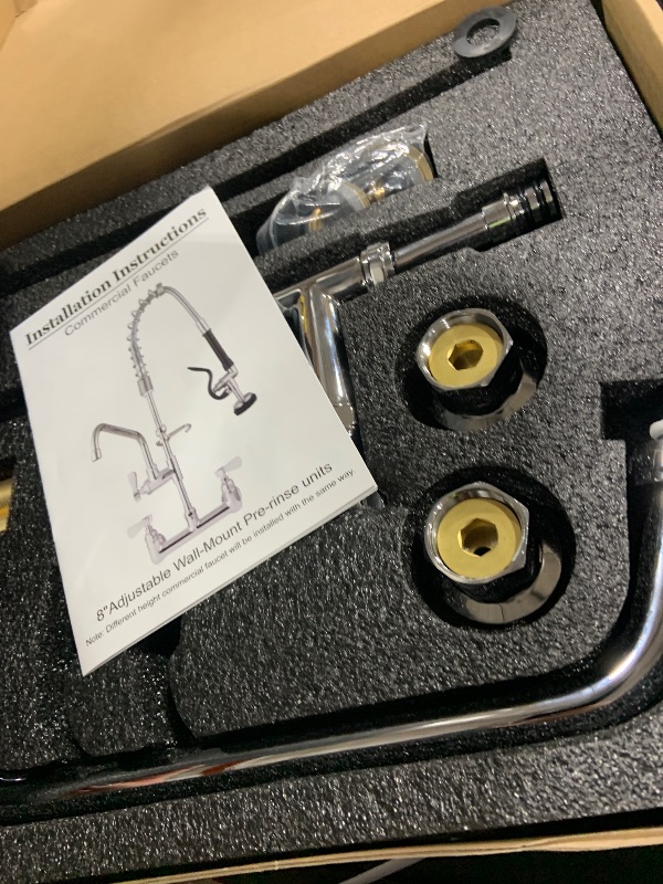 Photo 1 of NETISR Commercial Faucet with Sprayer, Brass Chrome Wall Mount Restaurant Kitchen Sink Faucet 25" Height 8" Center with Coilded Spring Pull Down Pre Rinse Sprayer, 12" Spout and 18" Hose (25 inches)