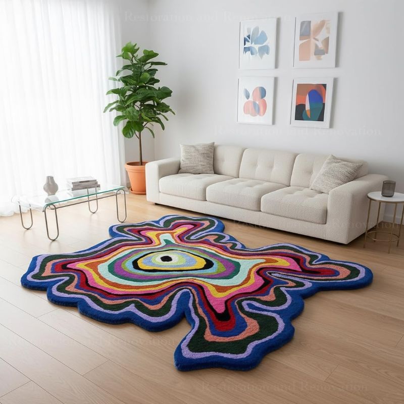 Photo 1 of Restoration and Renovation Irregular Shaped Handmade Wool Rug | Modern Colourful Stripe Premium Area Rug Perfect for Home Decor (Multi B, 5x5 ft)