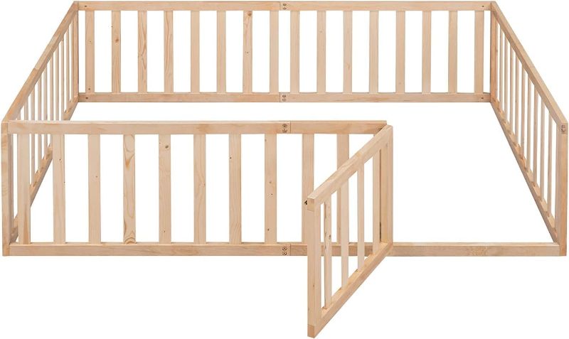 Photo 1 of Harper & Bright Designs Full Size Floor Bed with Slats and Safety Guardrail, Full Size Montessori Floor Bed with Fence and Door, Easy Assembly, Natural