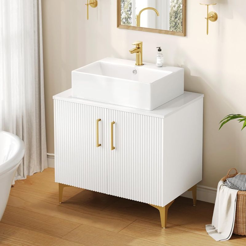 Photo 1 of DWVO 30" Bathroom Vanity with Counter Top Sink Combo, Modern Bathroom Storage Vanity Cabinet Set Included Drain, Wooden 2 Large Soft Closing Doors, Gold Handles & Legs, White